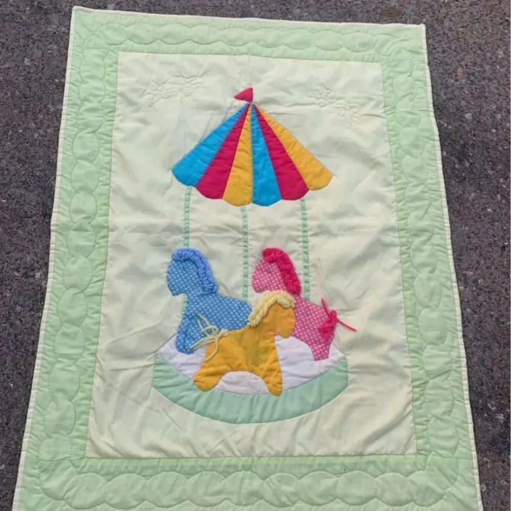 Vintage Carousel Horse Baby Quilt - Pastel Green with Bright Accents